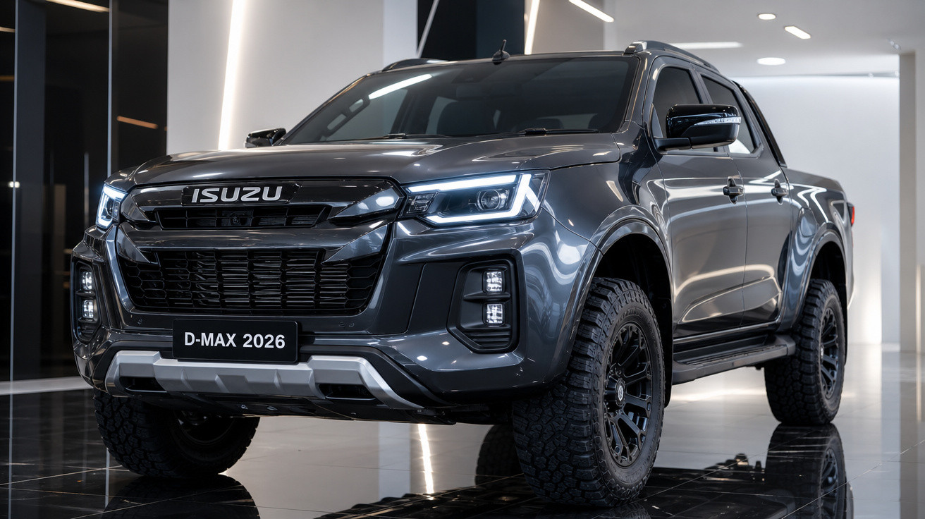 Picape Isuzu D-Max 2026 cinza escuro em showroom com faróis e luzes de LED acesas.