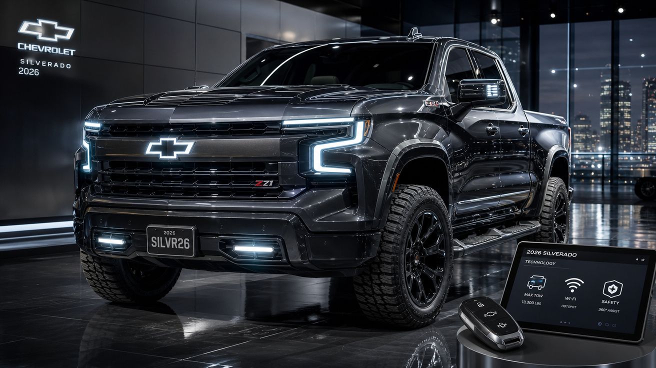 Picape Chevrolet Silverado 2026 preta com faróis em LED, exibida em showroom moderno à noite.