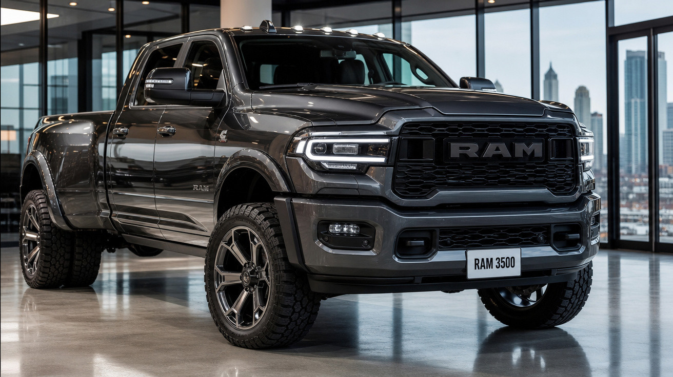 Picape RAM 3500 cinza estacionada em ambiente interno com fachada de vidro e vista urbana.