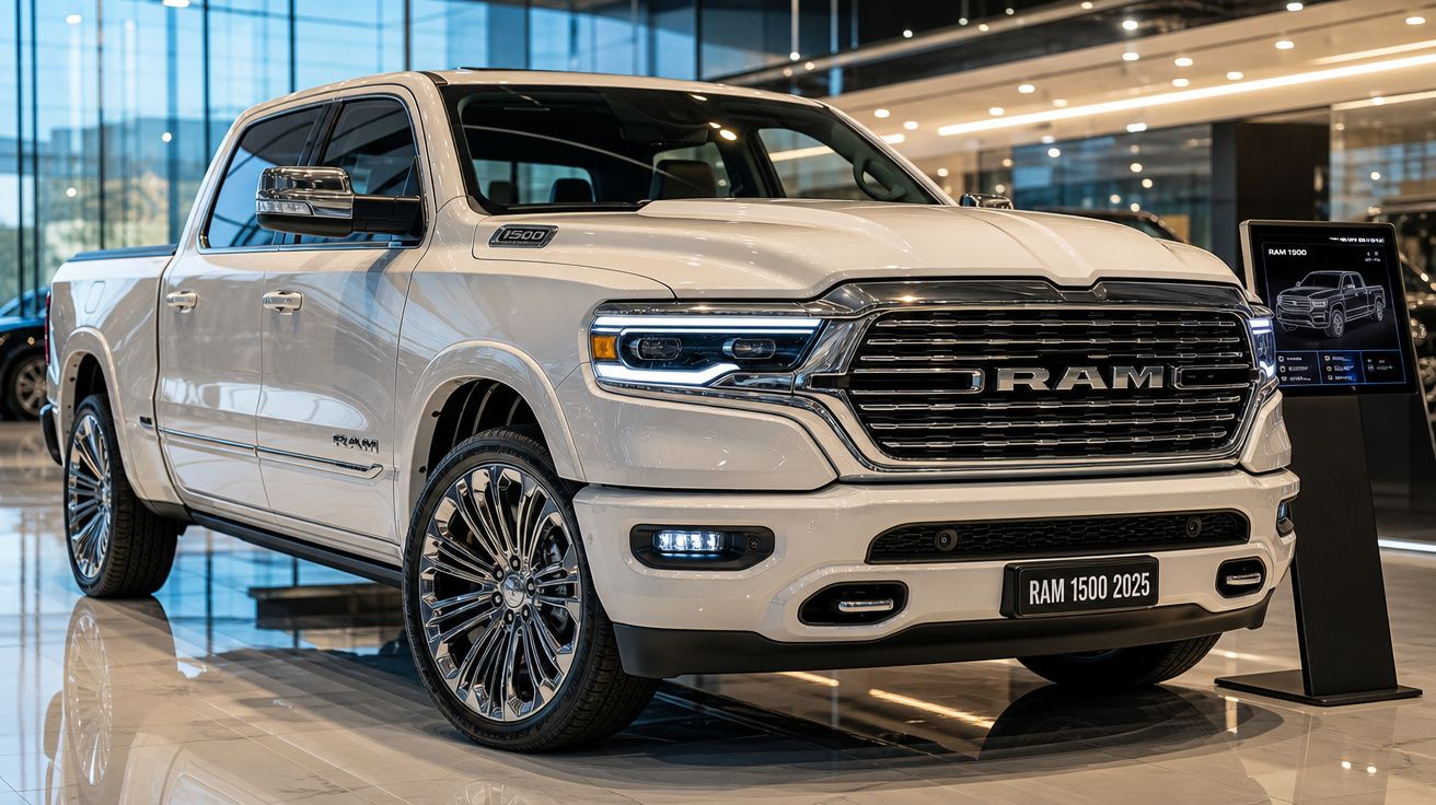Picape RAM 1500 2025 branca exibida em showroom moderno com piso refletivo.