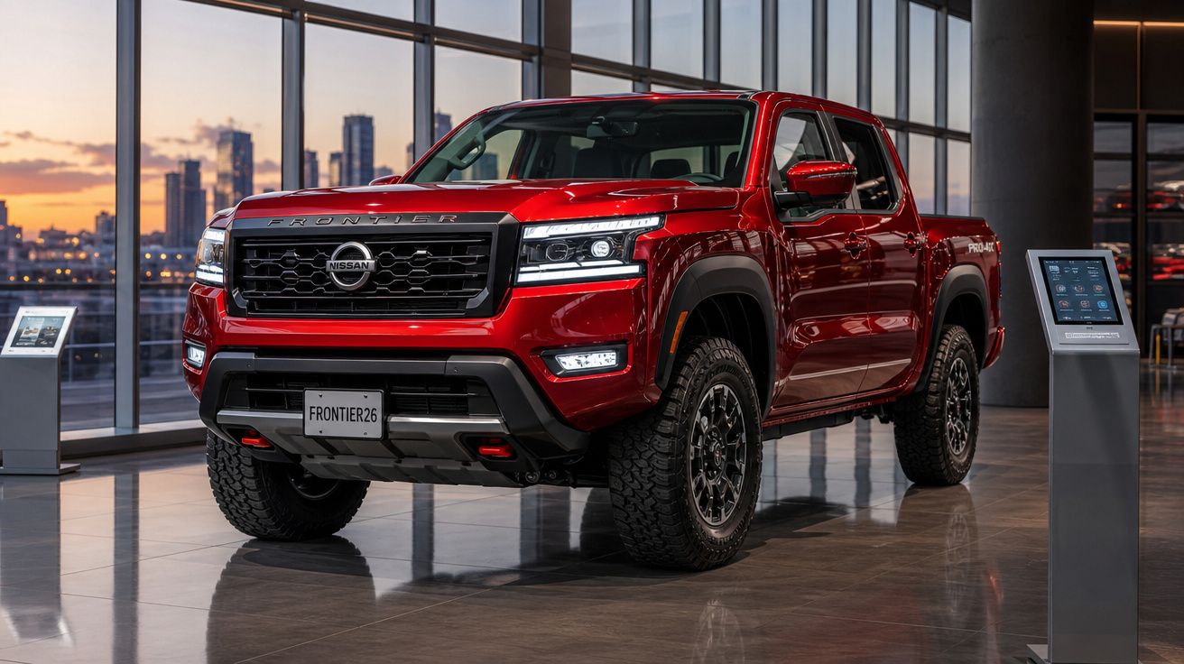 Picape Nissan Frontier vermelha em exposição interna com grandes janelas e vista urbana ao entardecer.