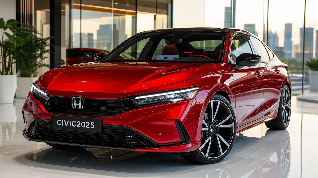 Carro Honda Civic 2025 vermelho em exposição interna com rodas esportivas pretas e detalhes cromados.