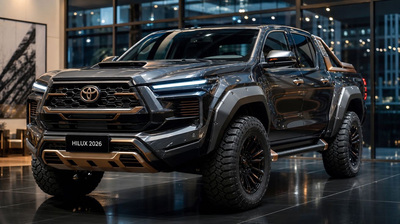 Picape Toyota Hilux 2026 preta exibida em showroom moderno com iluminação sofisticada.