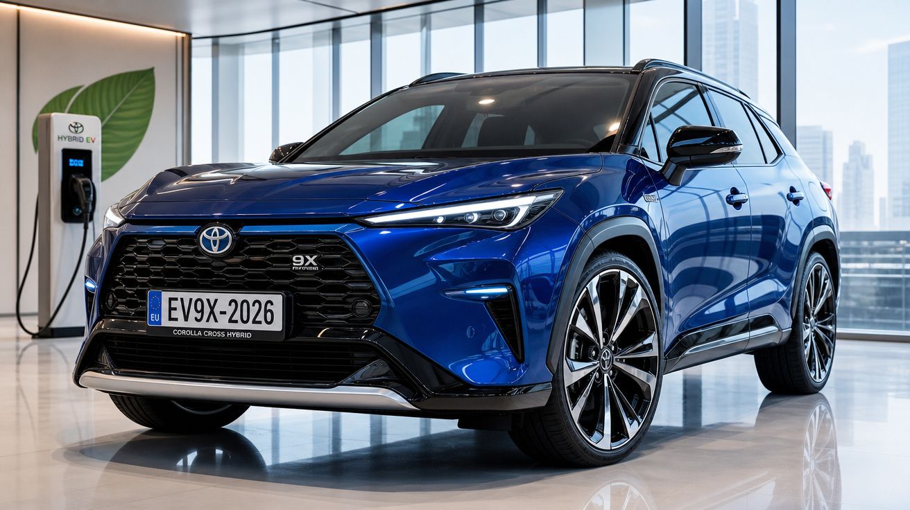 Carro híbrido azul Toyota Corolla Cross 2026 em showroom moderno com parede de vidro e estação de recarga.
