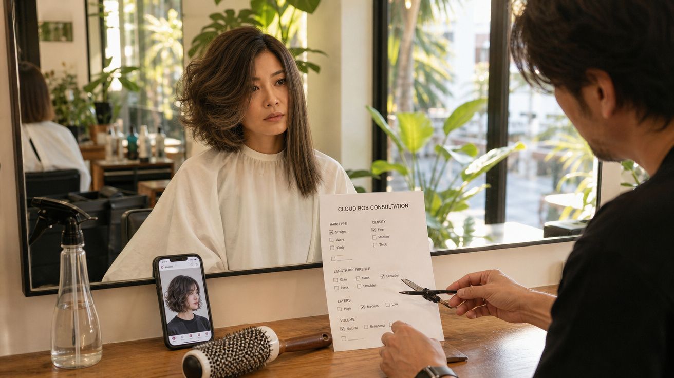 Mulher em consulta de corte de cabelo com cabeleireiro, analisando opções enquanto está sentada em salão.