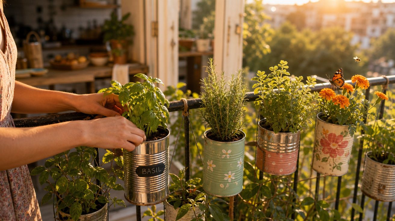 Mãos cuidando de plantas em latas decoradas penduradas na grade de uma varanda ao pôr do sol.