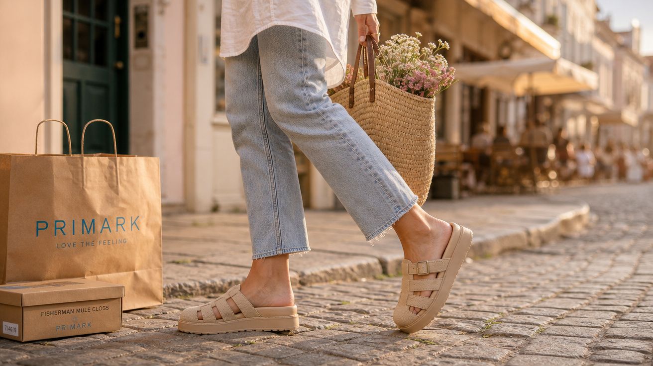 Pessoa caminhando em calçada de pedra com sandálias bege, calça jeans e bolsa de palha com flores.