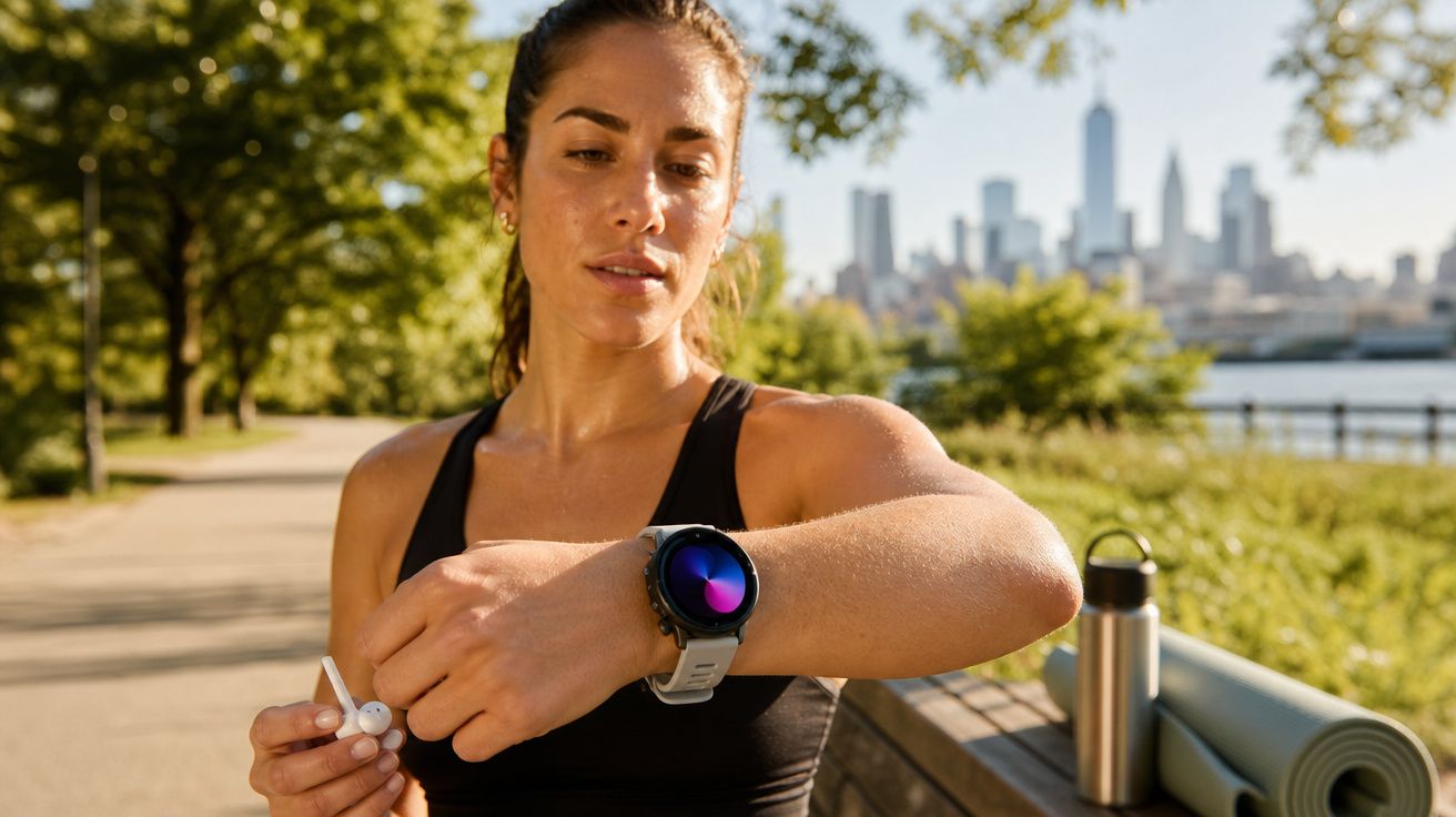 Mulher com roupa esportiva ajusta fone de ouvido enquanto verifica relógio fitness em parque urbano ensolarado.