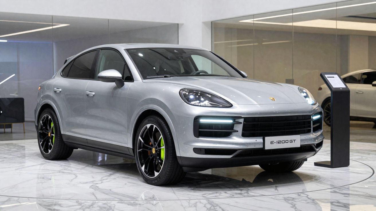 Carro esportivo Porsche E-1200 GT prata exibido em showroom com piso de mármore branco.
