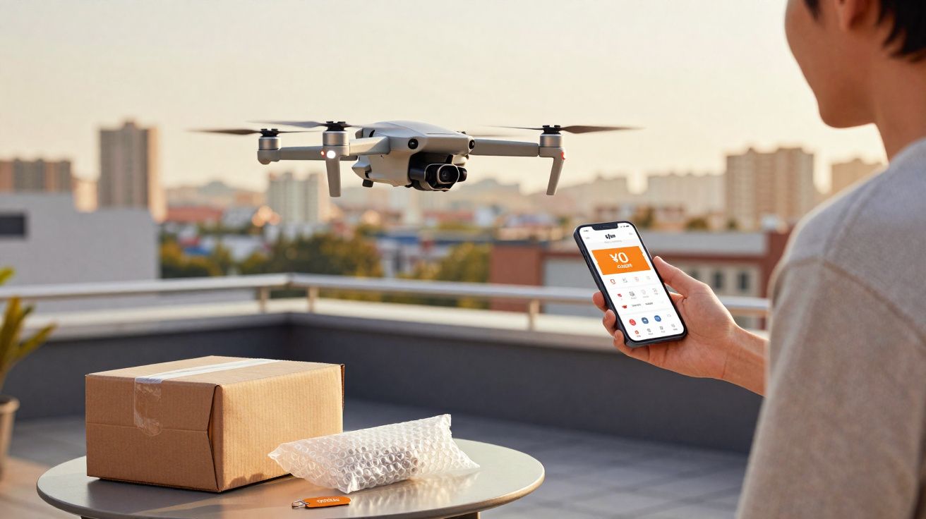 Pessoa controlando drone com celular próximo a mesa com caixa e embalagem bolha em varanda urbana.