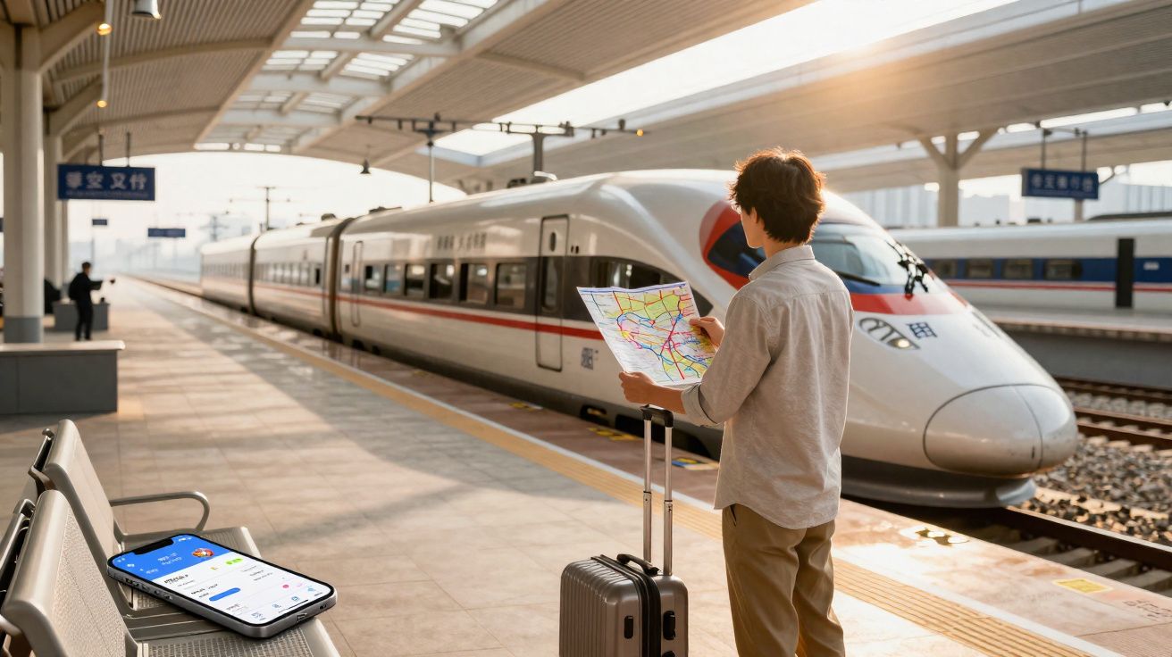 Pessoa parada na plataforma de estação de trem de alta velocidade, consultando um mapa com mala ao lado.