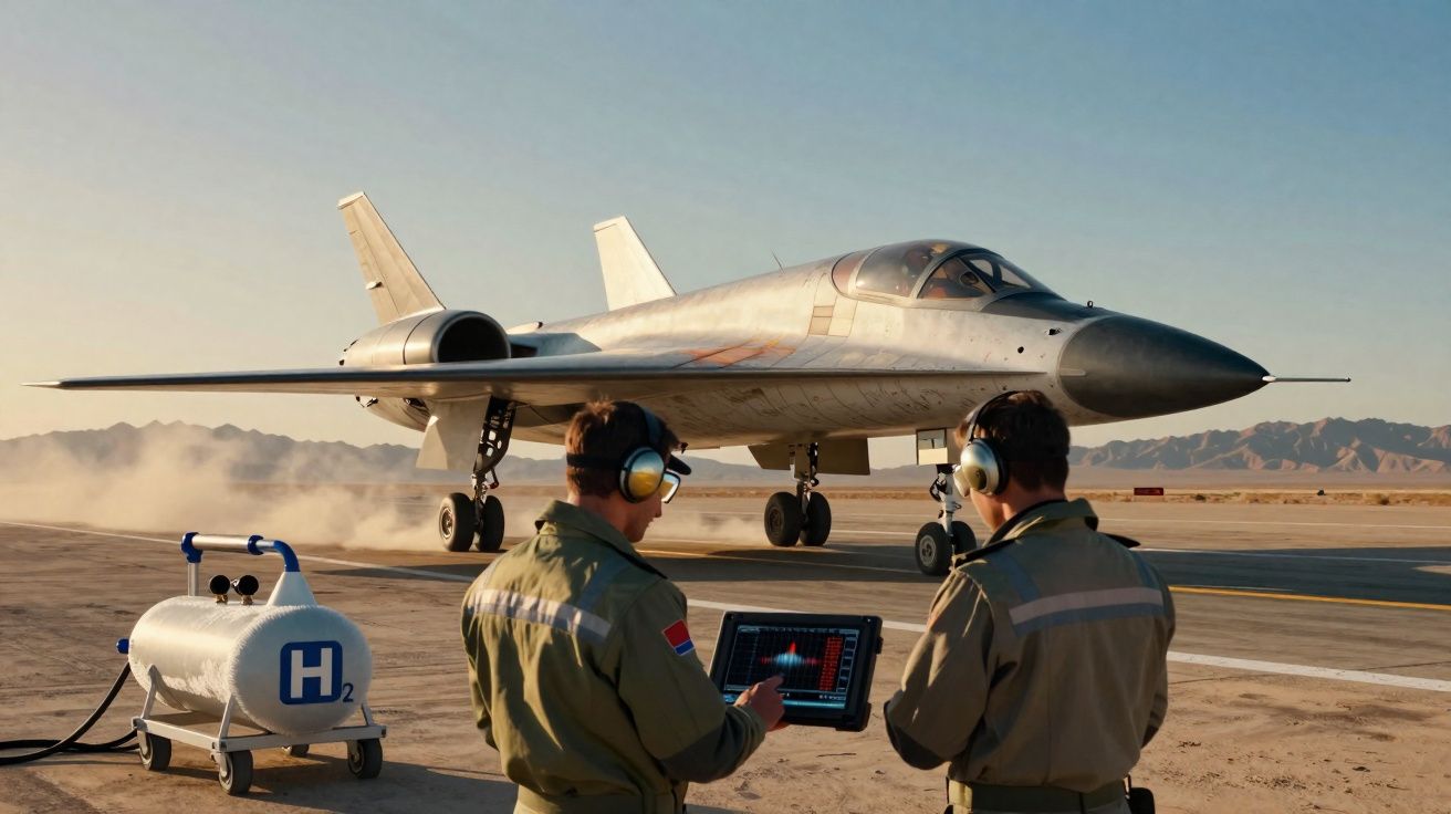 Avião militar pousando em pista desértica com dois técnicos usando tablet e tanque de hidrogênio H2.