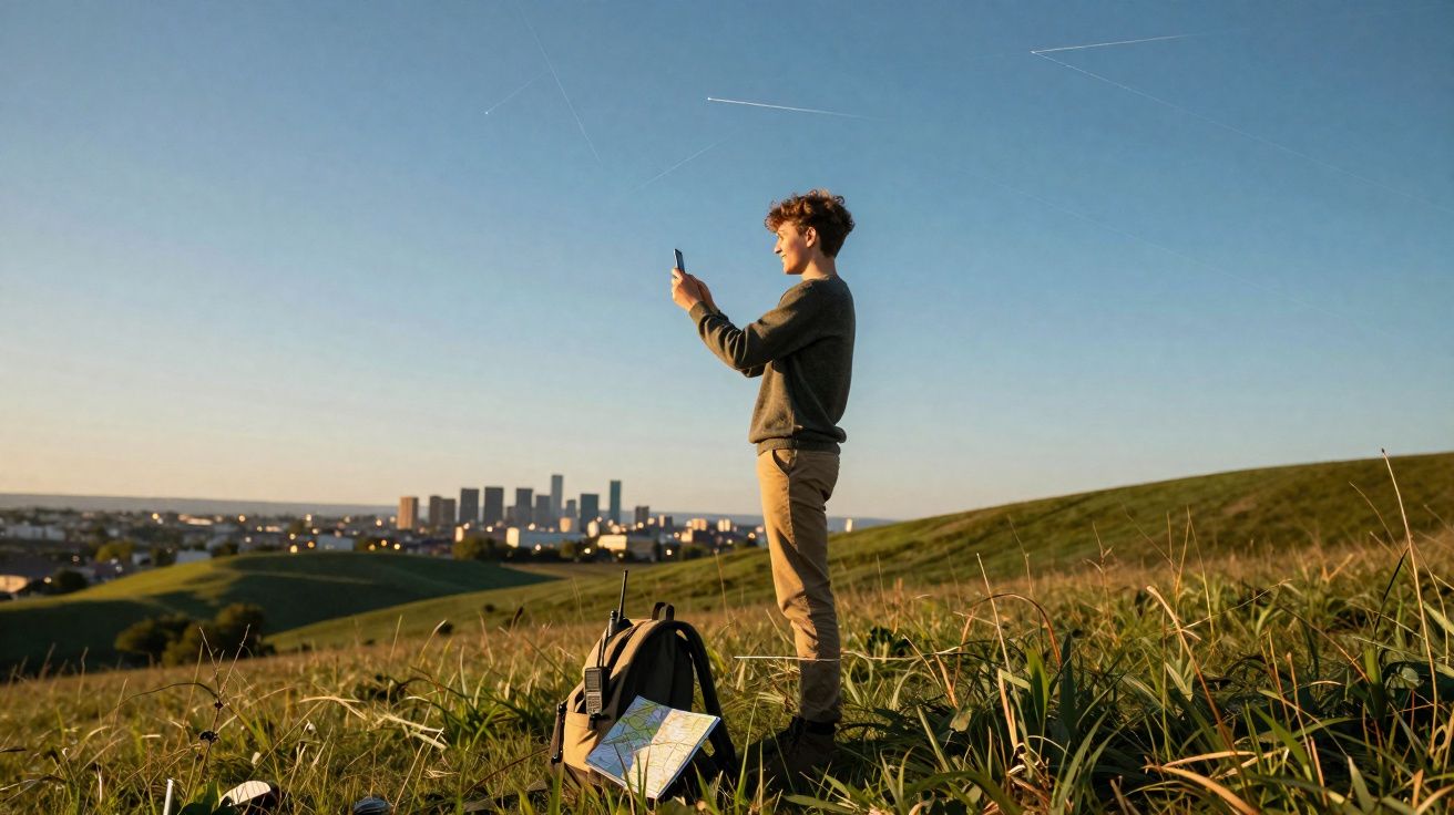 Jovem em campo aberto tirando foto com celular ao pôr do sol, com mochila e mapa no chão.