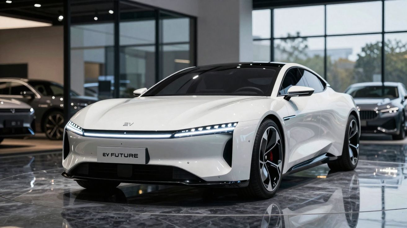 Carro elétrico branco EV Future em showroom com piso de mármore refletindo a imagem do veículo.