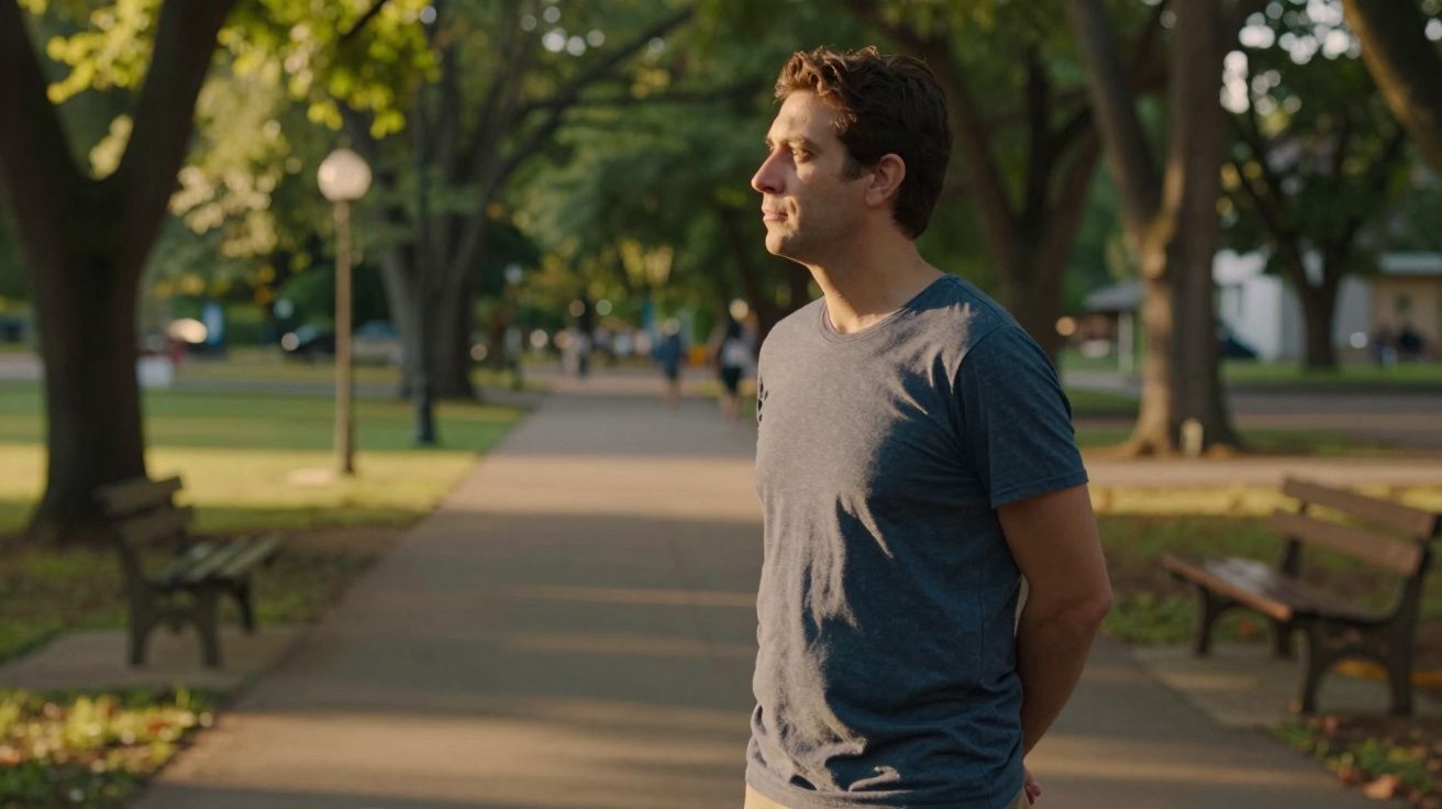 Homem de camiseta azul observa ao redor em parque com caminho e bancos sob luz do sol.