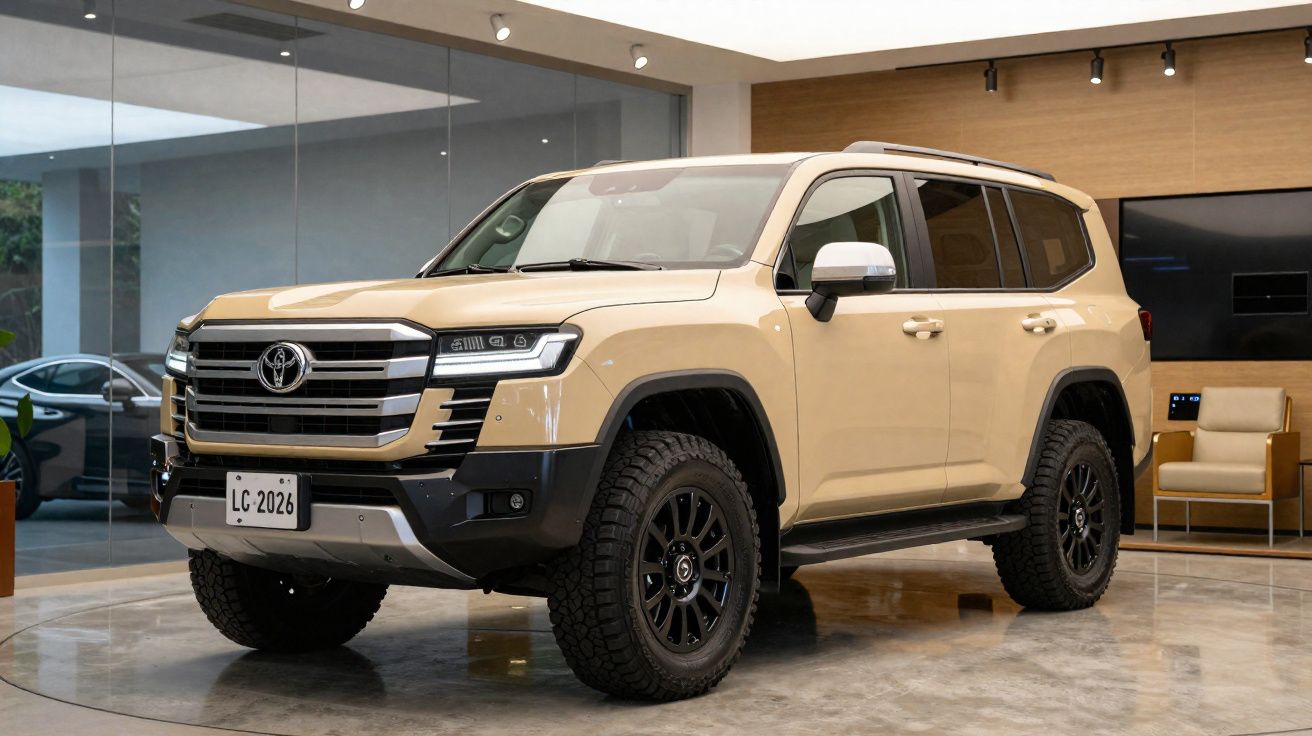 SUV Toyota Land Cruiser bege em showroom moderno com iluminação natural e decoração minimalista.