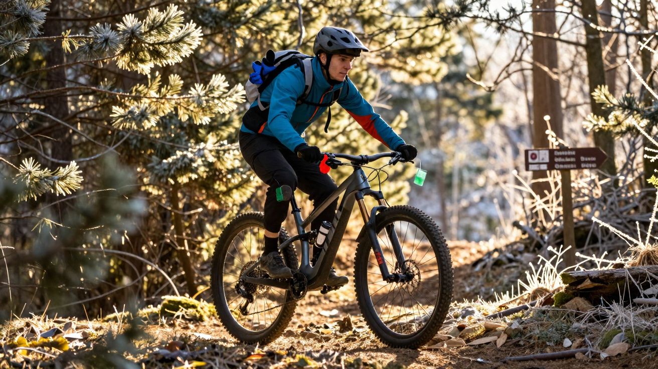 Homem com capacete e mochila andando de mountain bike em trilha no bosque com luz do sol.