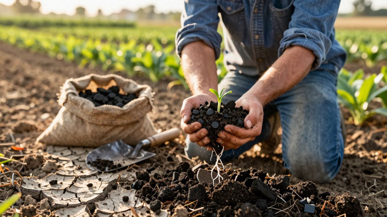 Pessoa segurando muda com terra, mostrando raízes, em plantação com enxada e saco de adubo ao lado.
