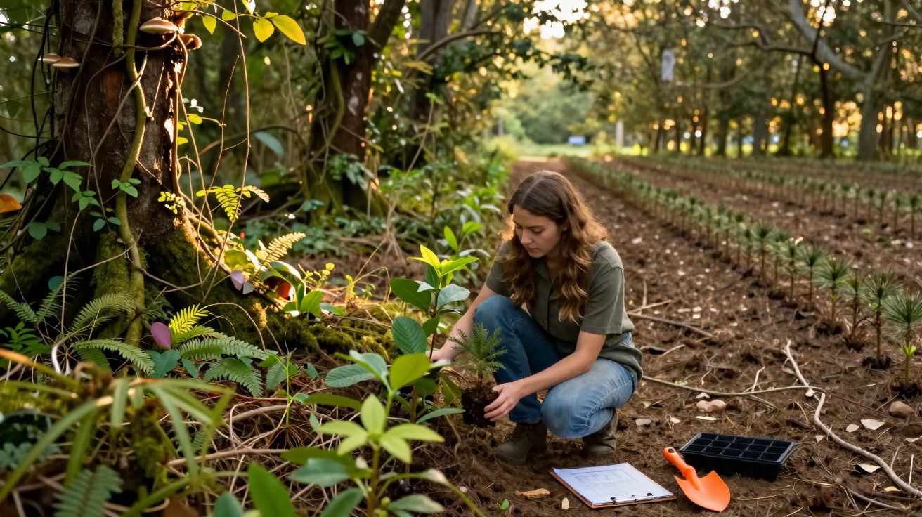 Mulher plantando mudas em área florestal com pá laranja e prancheta no chão ao lado.