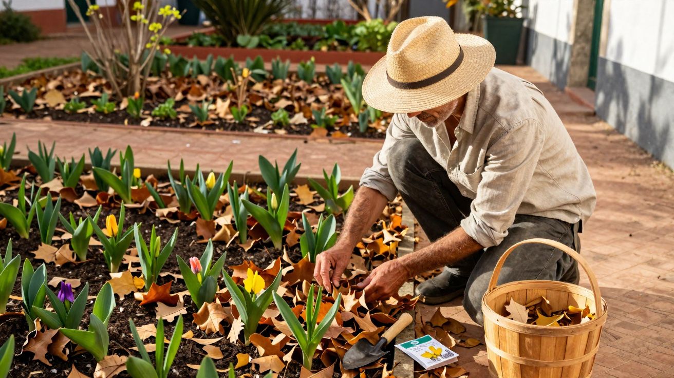 Homem com chapéu cuidando de plantas em canteiro com folhas secas e cesta ao lado em jardim.