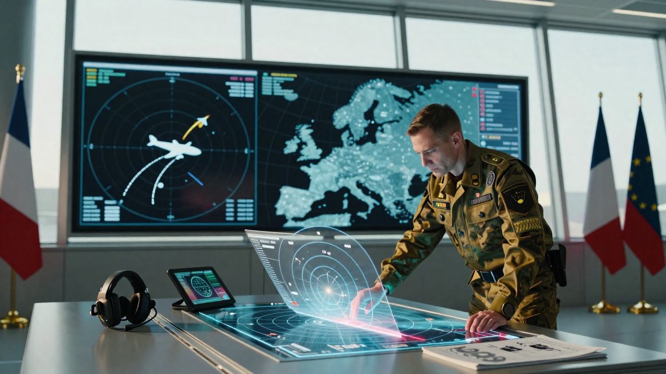 Militar operando tecnologia de controle aéreo com mapas digitais e radares em sala com bandeiras da França e União Europeia.