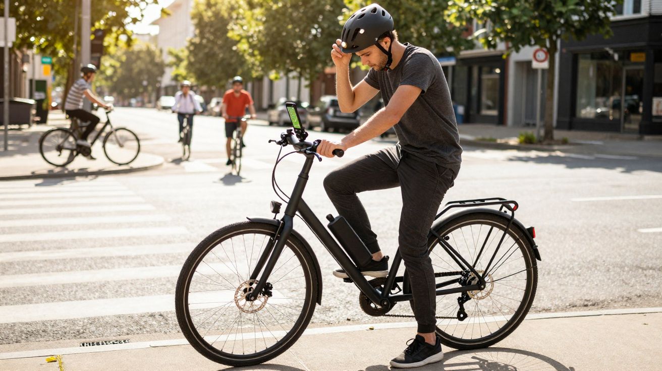 Jovem de capacete ajusta boné em bicicleta elétrica preta em rua urbana ensolarada.