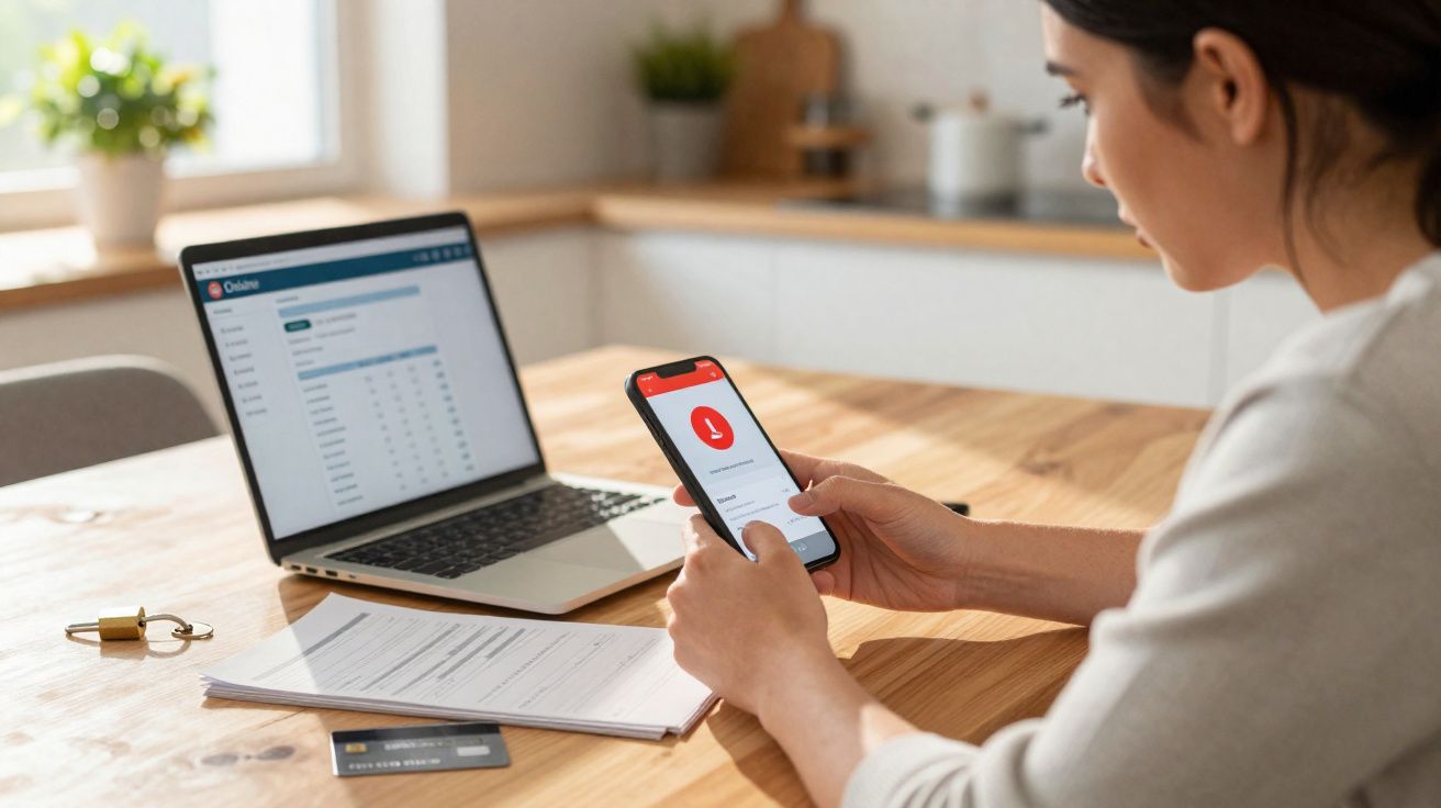 Mulher sentada à mesa com celular mostrando aviso de alerta, notebook e documentos à sua frente.