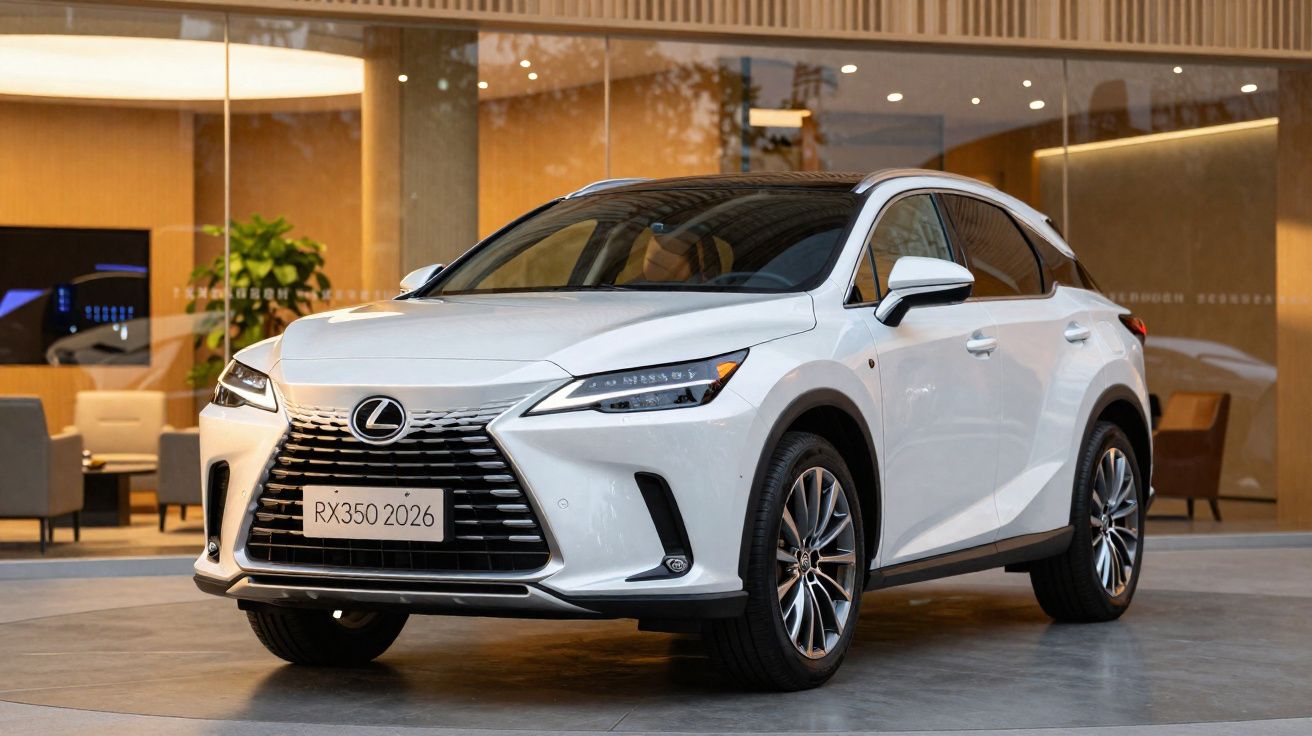 SUV Lexus RX 350 branco 2026 estacionado em ambiente interno moderno com vidro ao fundo.