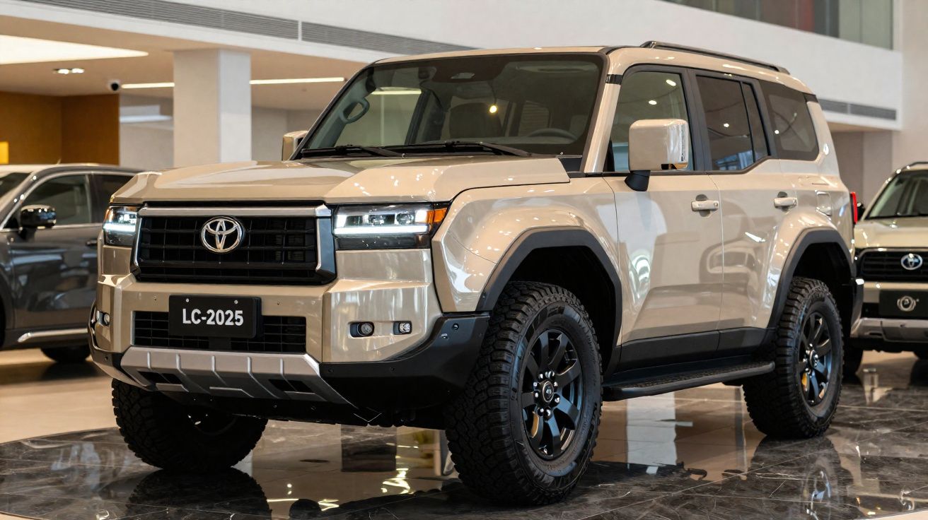 SUV Toyota Land Cruiser 2025 bege estacionado em showroom com rodas pretas e faróis de LED.