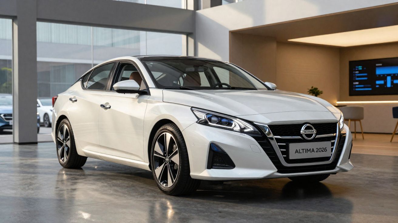 Carro sedan branco Nissan Altima 2026 exposto em ambiente interno moderno com piso cinza.