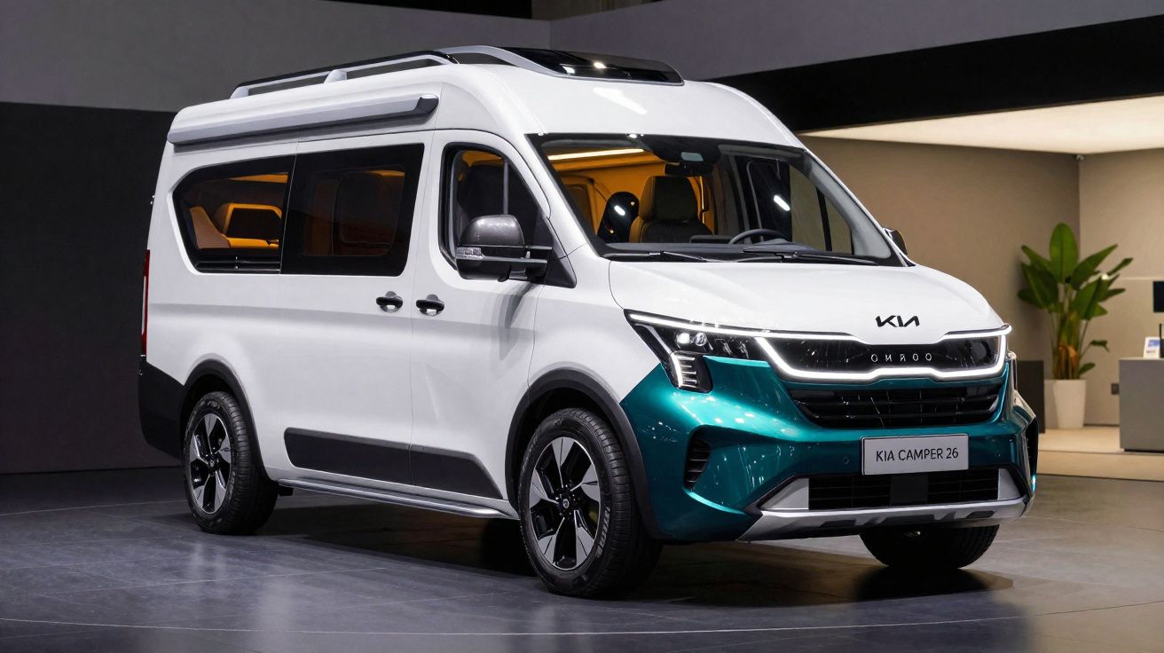 Van camper branca e verde com design moderno e teto alto, modelo Kia Camper 26 exposto em ambiente interno.