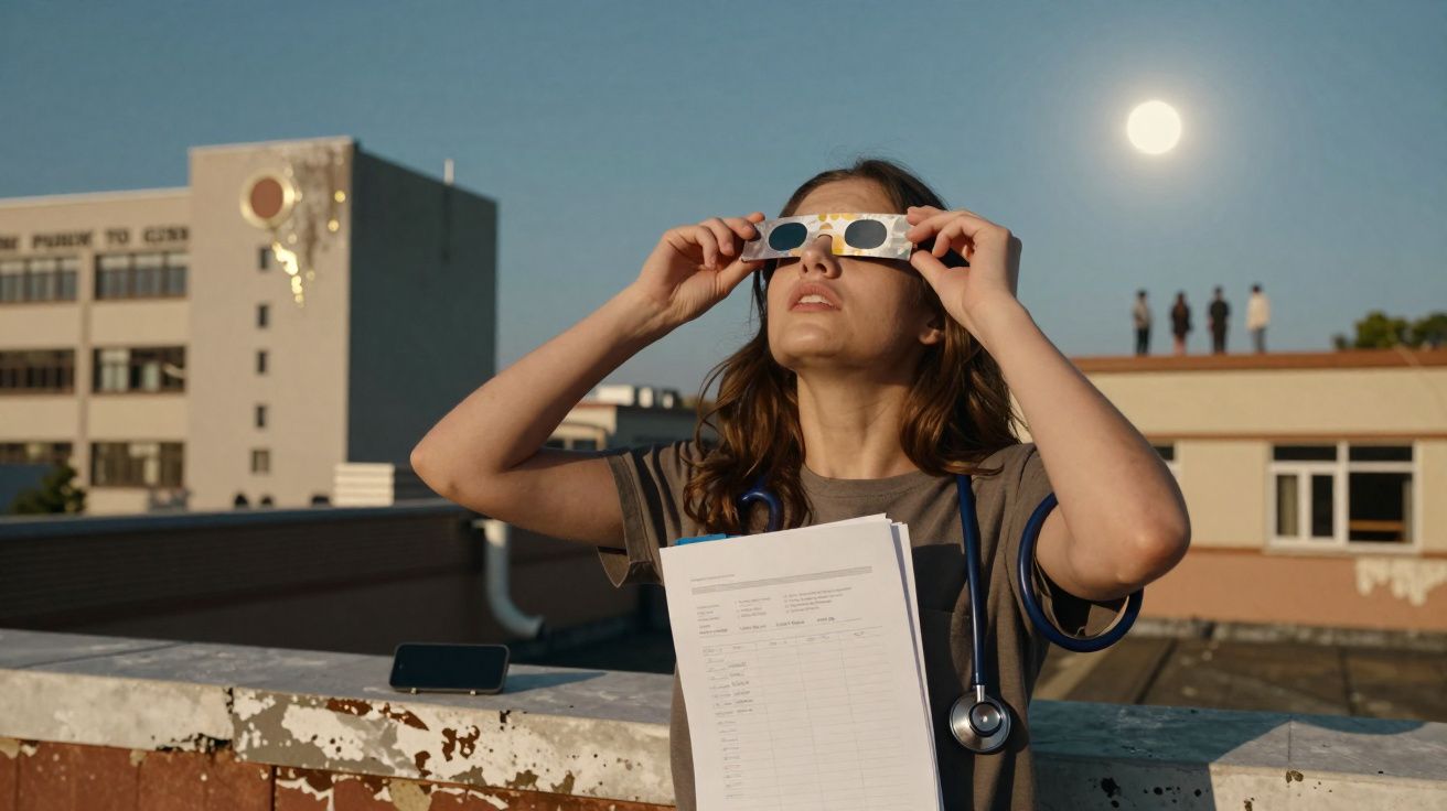 Mulher com jaleco e estetoscópio observa eclipse solar usando óculos especiais na cobertura de prédio.