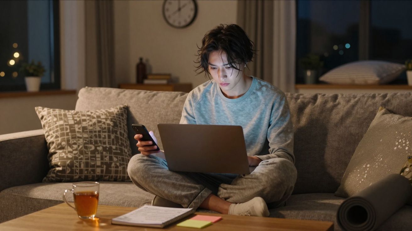 Jovem sentado no sofá usando laptop e celular à noite, com chá e caderno na mesa à frente.