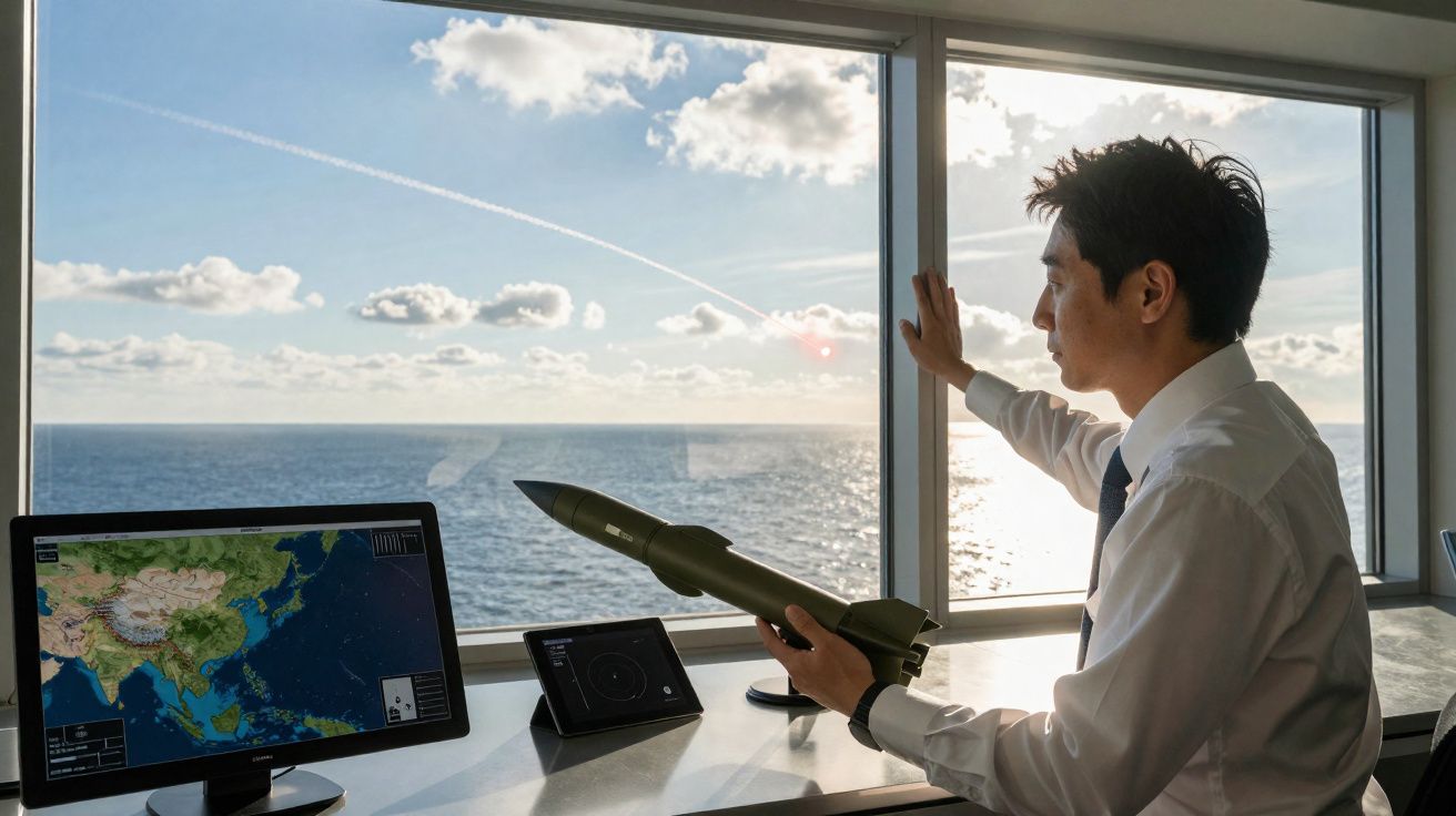 Homem segurando foguete em escritório com monitores de mapas e vista para o mar ao fundo.