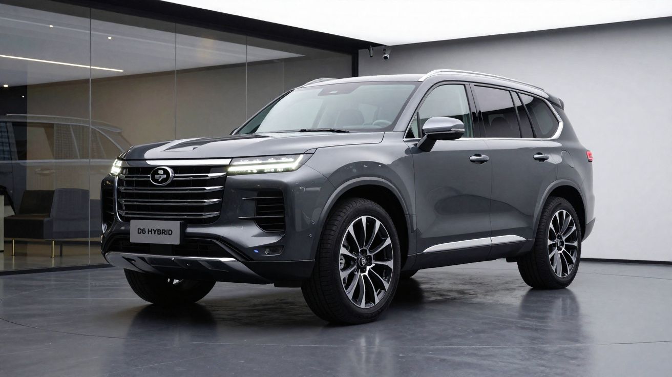SUV cinza metálico estacionado em ambiente interno minimalista com vidros e luzes modernas.