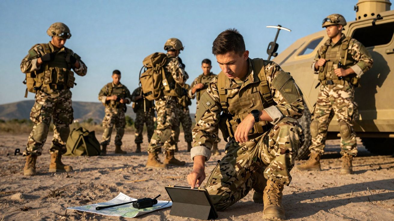 Soldado ajoelhado usando tablet com soldados e veículo militar ao fundo em ambiente desértico.