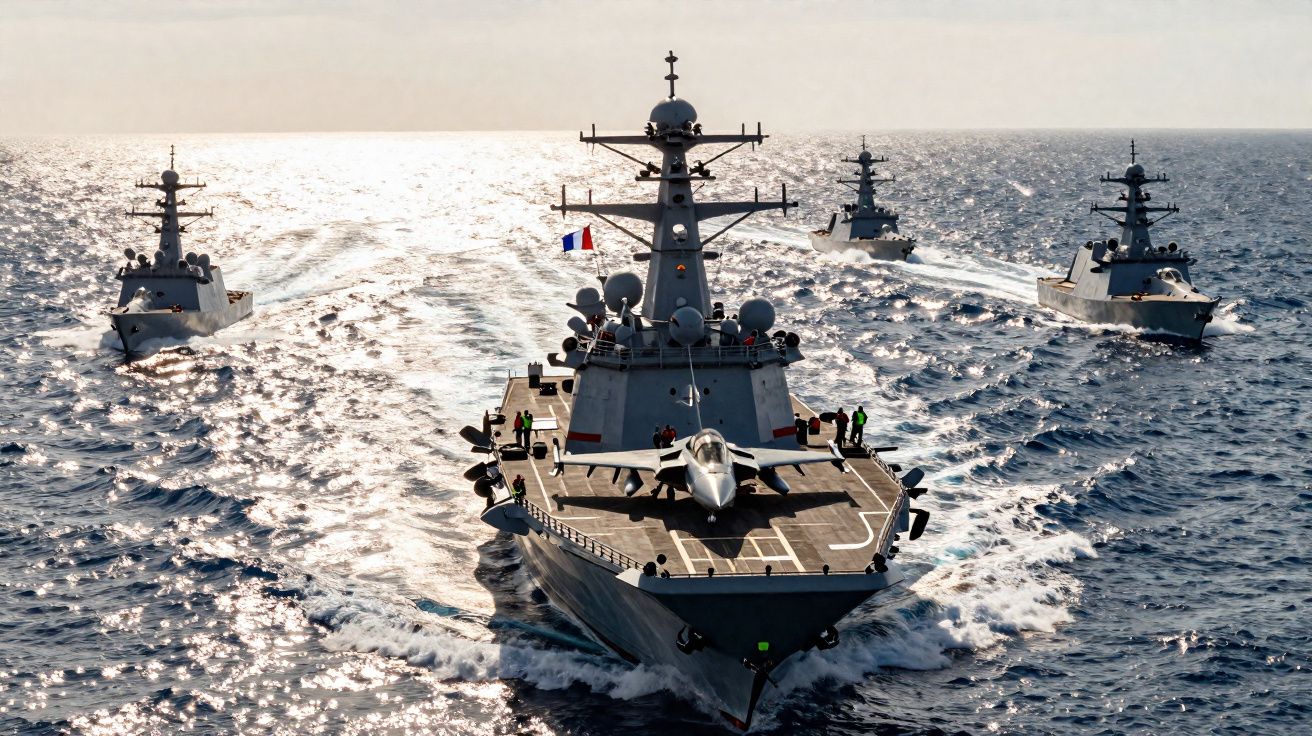 Formação de quatro navios de guerra no mar, com caça posicionado no convés do navio da frente.