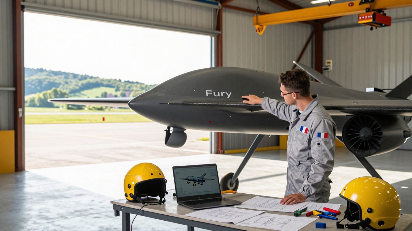 Homem em macacão cinza inspeciona drone preto Fury em hangar com mesa, laptop e capacetes amarelos.