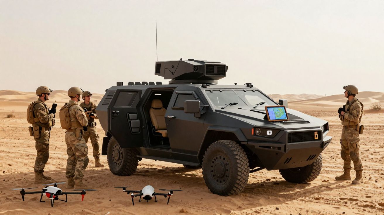 Veículo blindado preto com drone e soldados em uniforme militar no deserto.