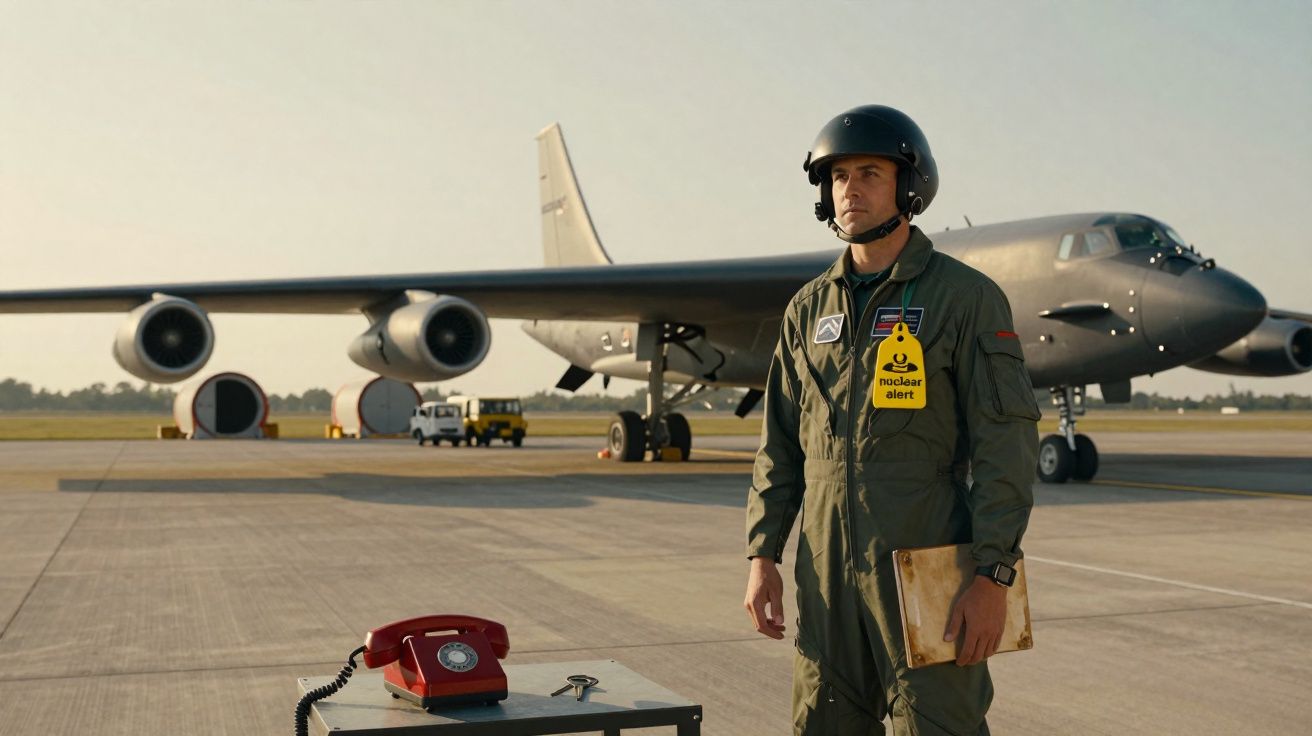 Piloto uniformizado com capacete, segurando pasta, ao lado de telefone vermelho, com avião militar ao fundo no aeroporto.