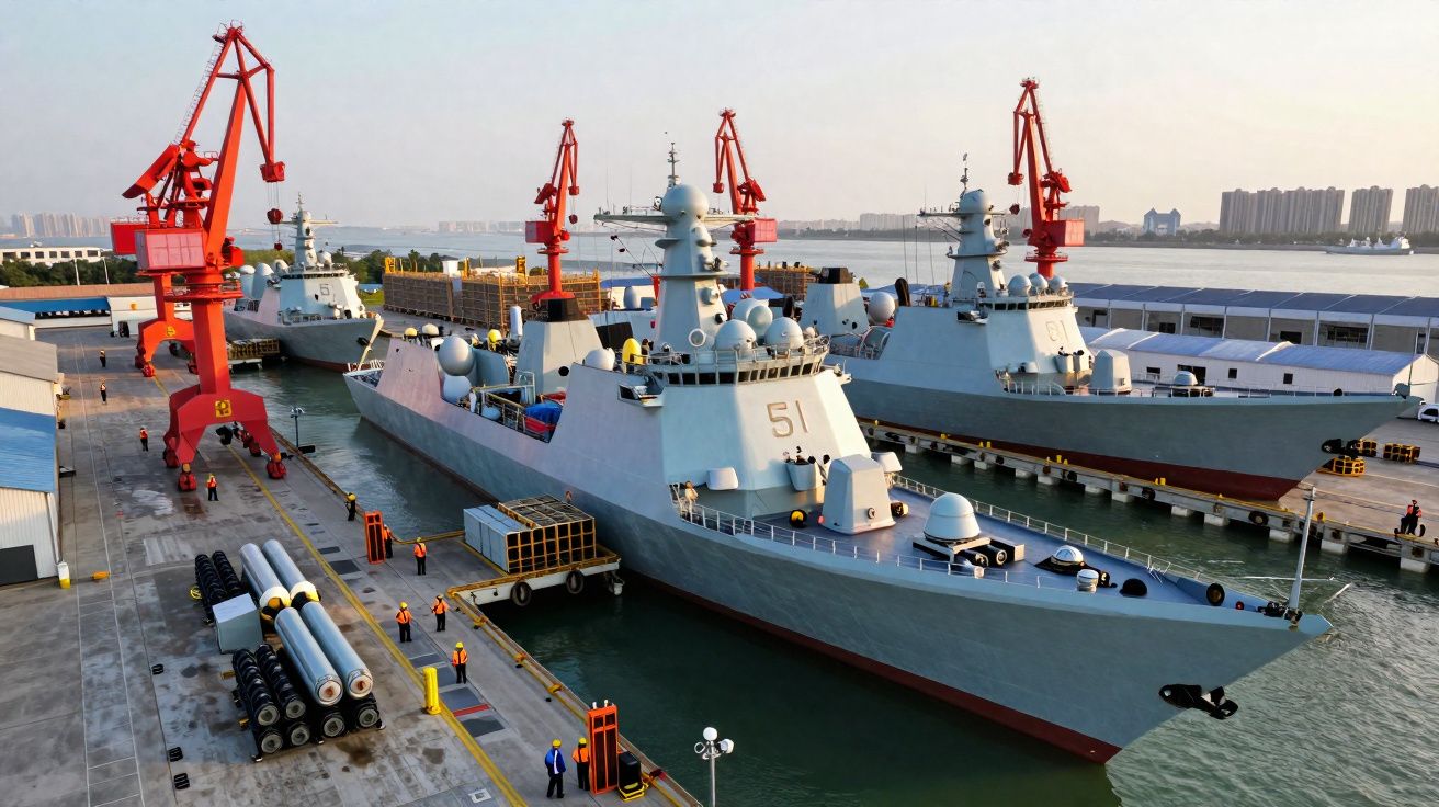 Porto naval com três navios de guerra ancorados e grandes guindastes vermelhos ao redor.