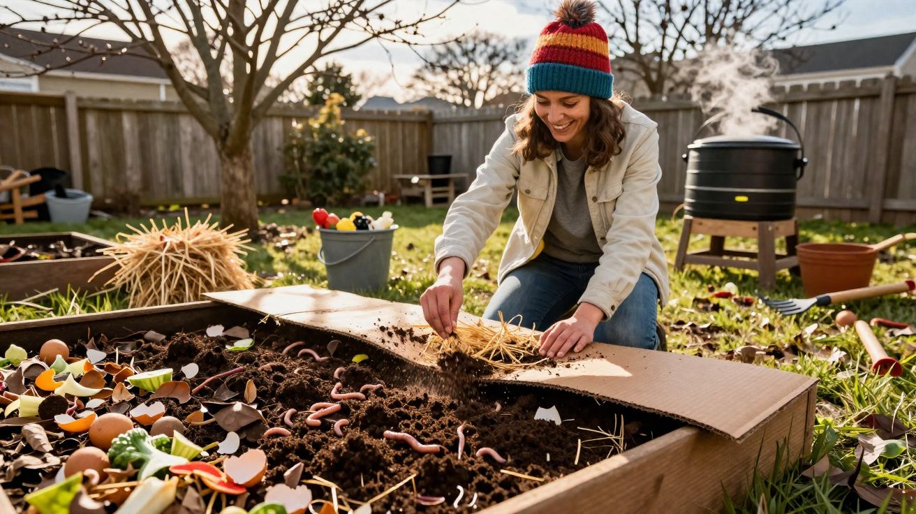 Mulher sorridente fazendo compostagem em jardim com minhocas e restos orgânicos.