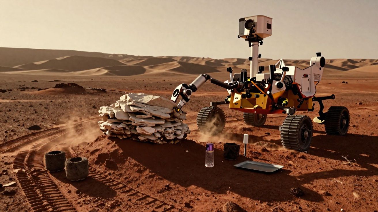 Rover explorando o solo de Marte, analisando pilha de pedras em paisagem desértica avermelhada.