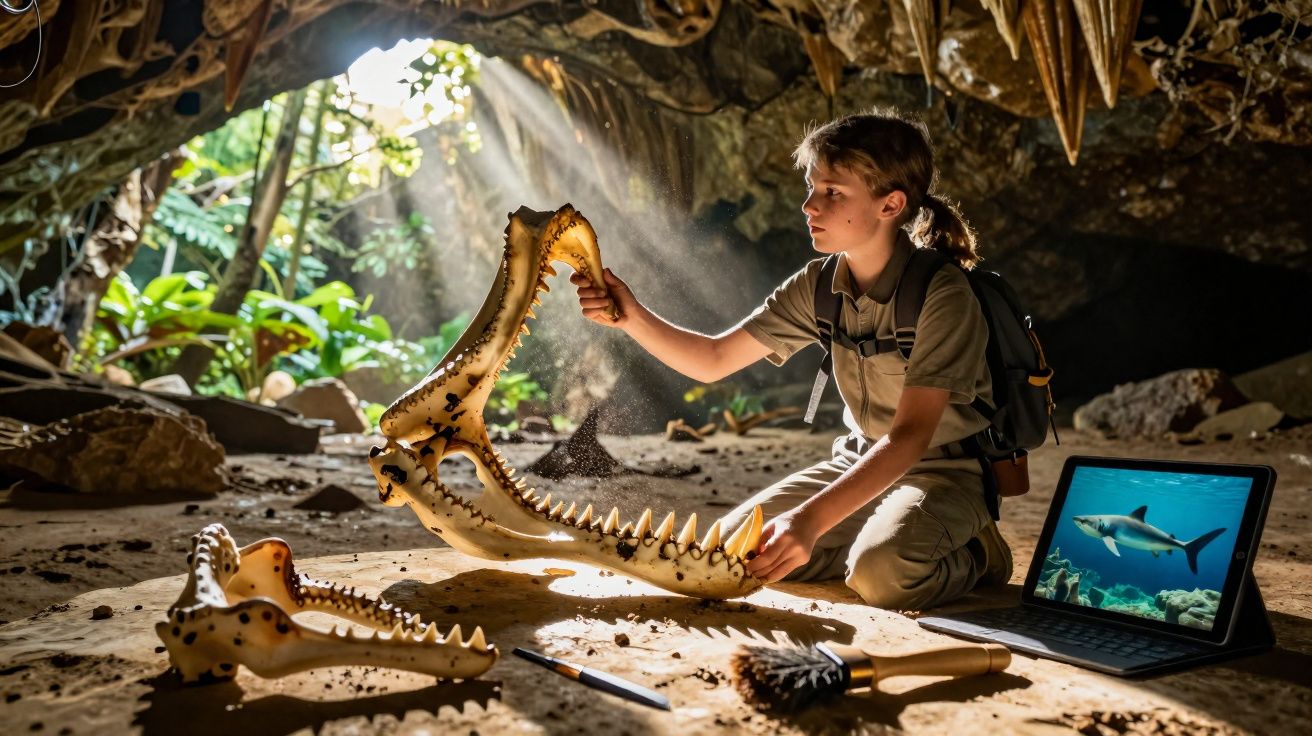 Garoto examina mandíbula fossilizada em caverna iluminada, com tablet mostrando tubarão ao lado.