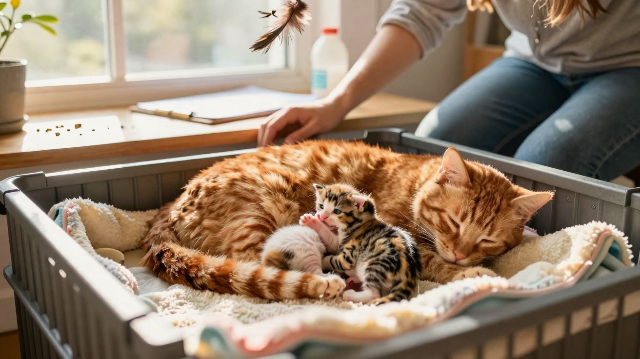 Gato adulto laranja dormindo com dois filhotes em cesta forrada, pessoa ao fundo ajeitando o local.