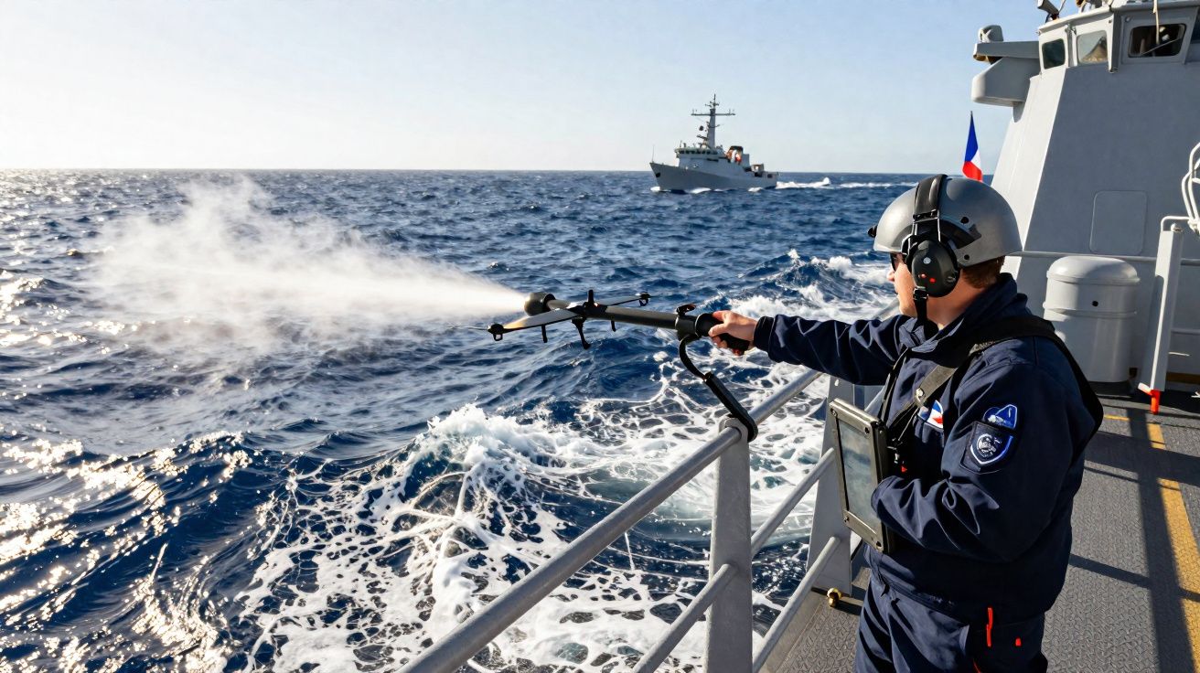 Marinheiro em navio lança espuma contra o mar durante treinamento com outro navio ao fundo.
