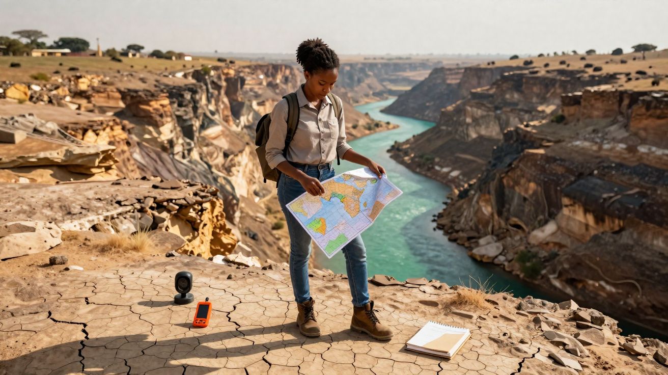 Mulher jovem com mochila segura mapa perto de cânion rochoso com rio, equipamentos e caderno ao chão.