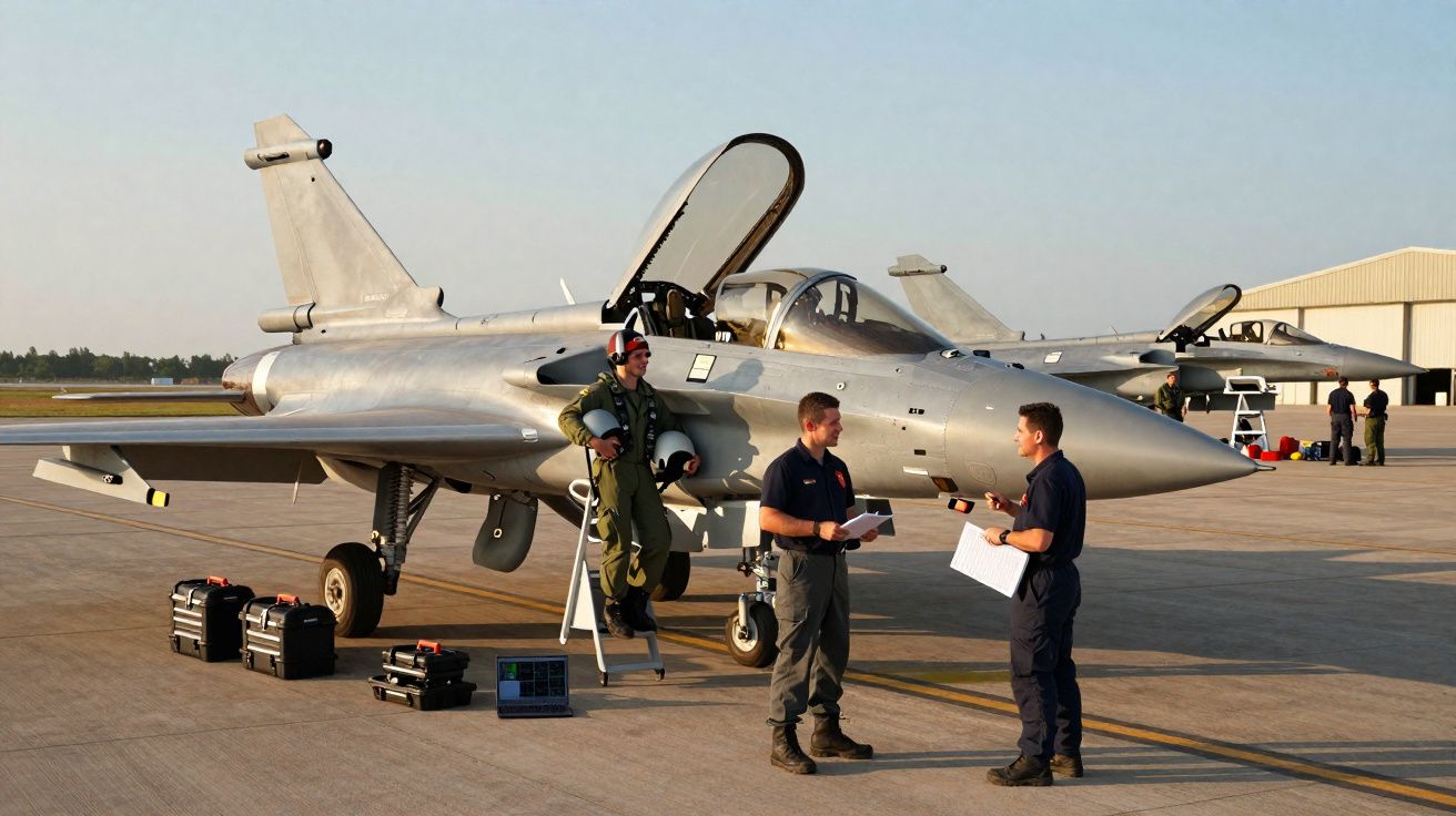 Caça militar estacionado na pista com piloto e equipe de manutenção em trabalho antes do voo.
