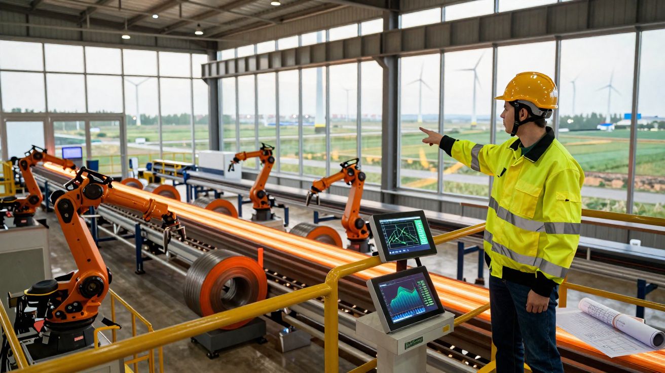 Homem com capacete e colete reflete em fábrica com robôs industriais e tubos metálicos longos.