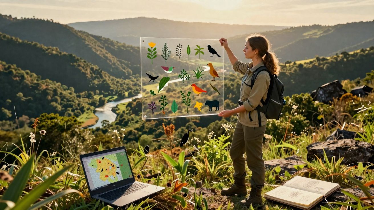 Pessoa com mochila segura quadro transparente com desenhos de plantas e animais em paisagem montanhosa ao pôr do sol.